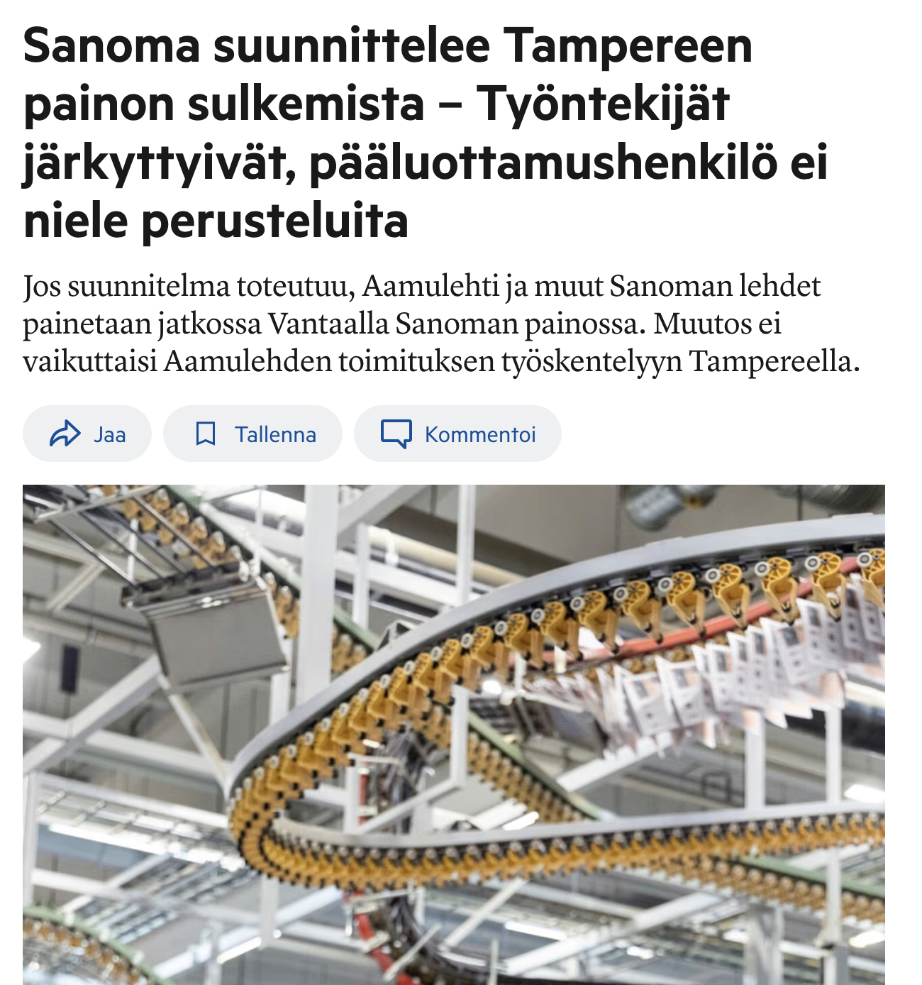 Sanoma sulkee Tampereen lehtipainon
